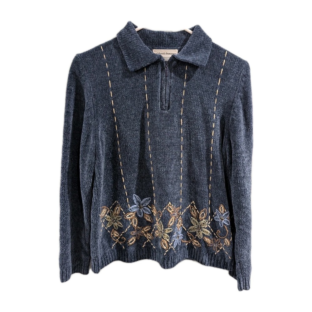 Alfred Dunner Pullover Petite L Chenille 1/4 Zip Embroidered Grannycore cozy